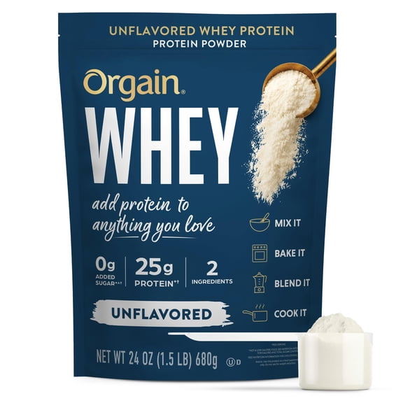 Orgain Unflavored 25g Whey Protein Powder, Non-GMO, No Added Sugar, 24oz, 20 Servings