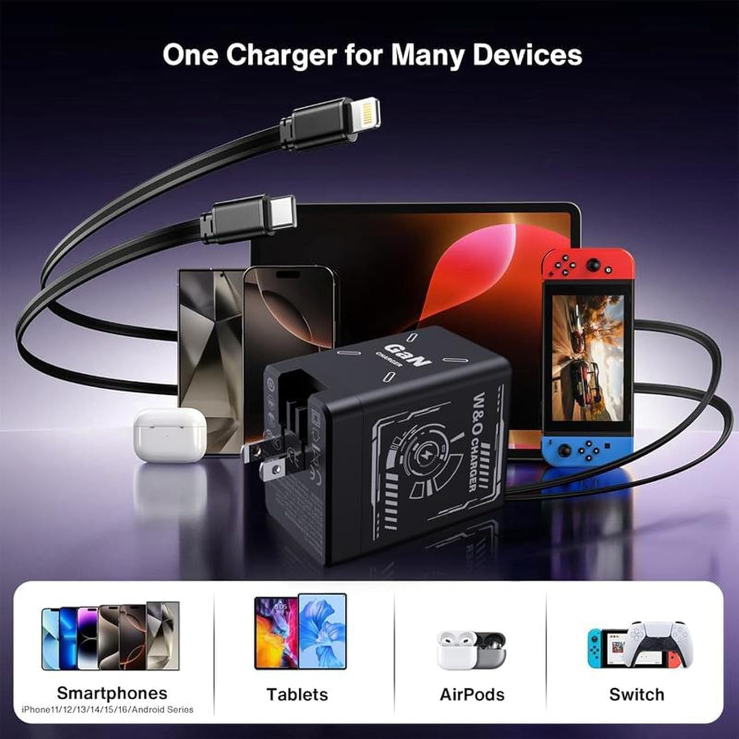 2-in-1 GaN Fast Type-C&IOS Charger, W&o Gan Charger Compatible with 120w Fast Charger, All in One Foldable Plug for Phone, Retractable Wall, Fast Charging Power Adapter for Smartphone, GN