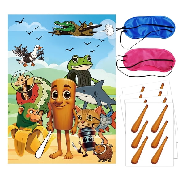 Cute Cartoon Party Decorations Set, Large Poster with 24 Pcs Stickers, Pin Game Party Supplies for Kids Birthday Favors