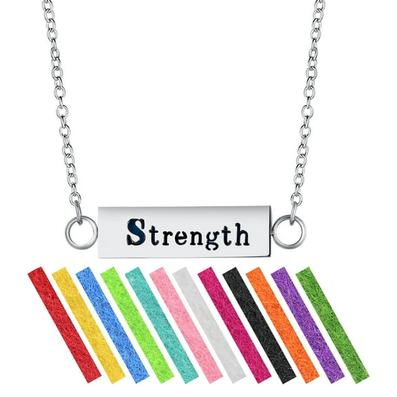 Wild Essentials "Strength" Essential Oil Diffuser Bar Necklace Gift Set - Includes Aromatherapy Pendant, 24" Stainless Steel Chain, 12 Color Refill Pads
