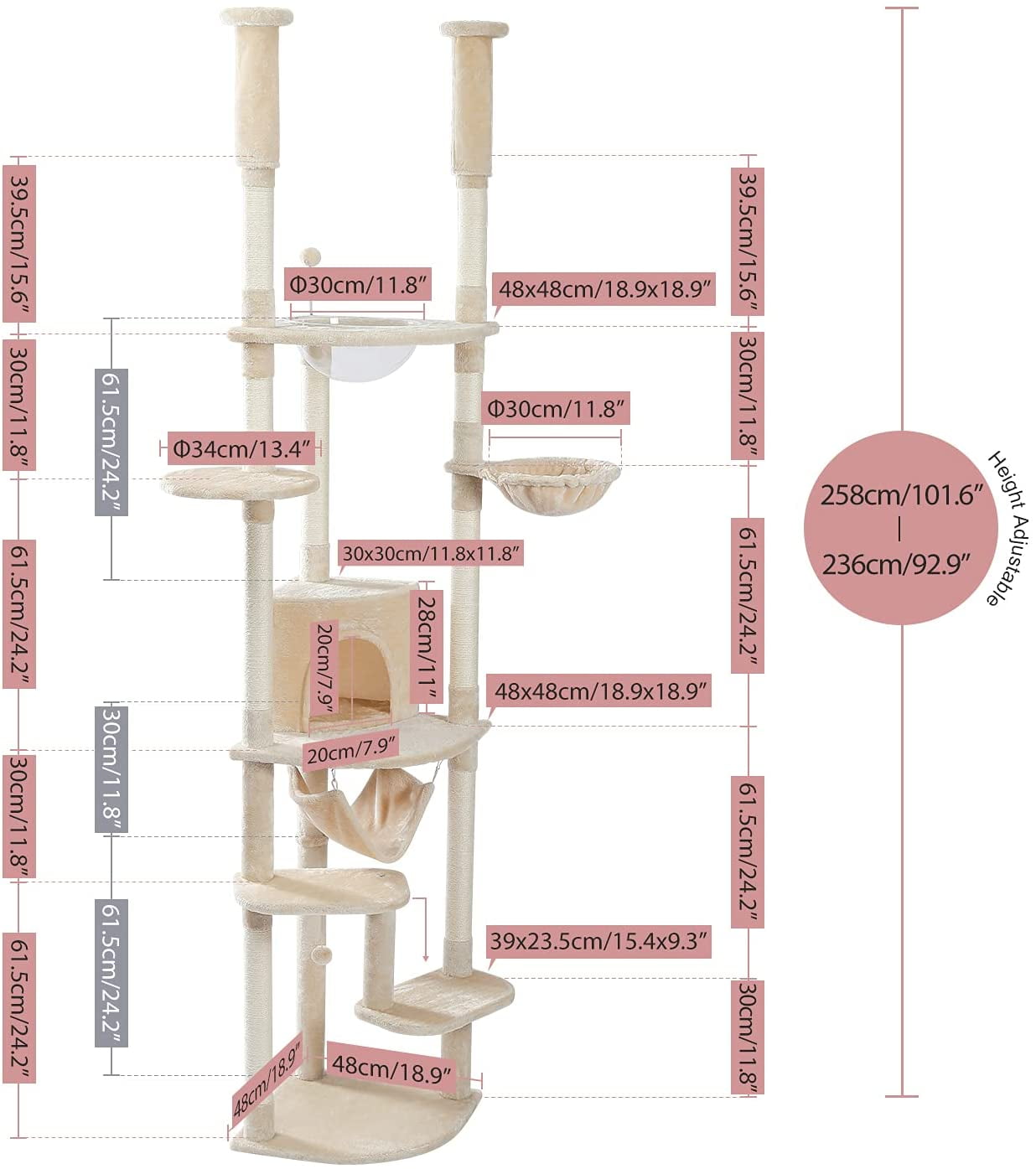 PEQULTI Floor to Ceiling Cat Tree 92.9’’-101.6’’ Height Adjustable Cat Tower Tall  Climbing Play House with Scratching Posts, Cozy Condo, Perches and Large Hammock for Indoor Cats Beige