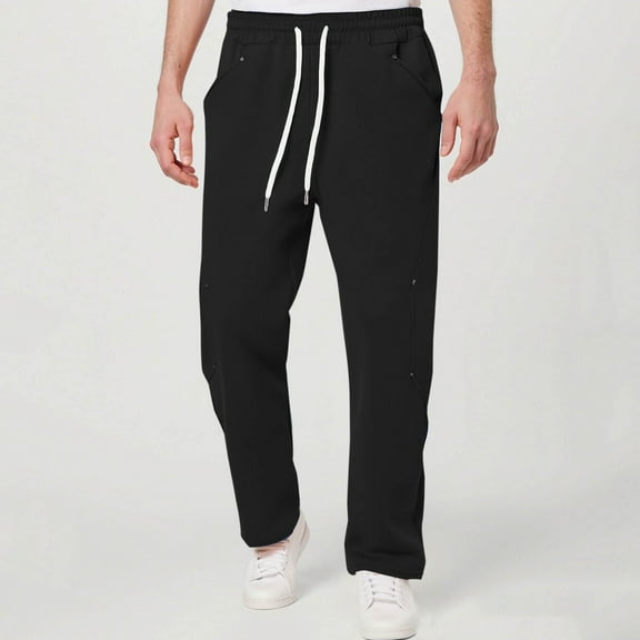 Handshe Men's Casual Solid Color Loose Fit Pants with Studded Pockets Drawstring Elastic Waist Outdoor Lounge Trousers