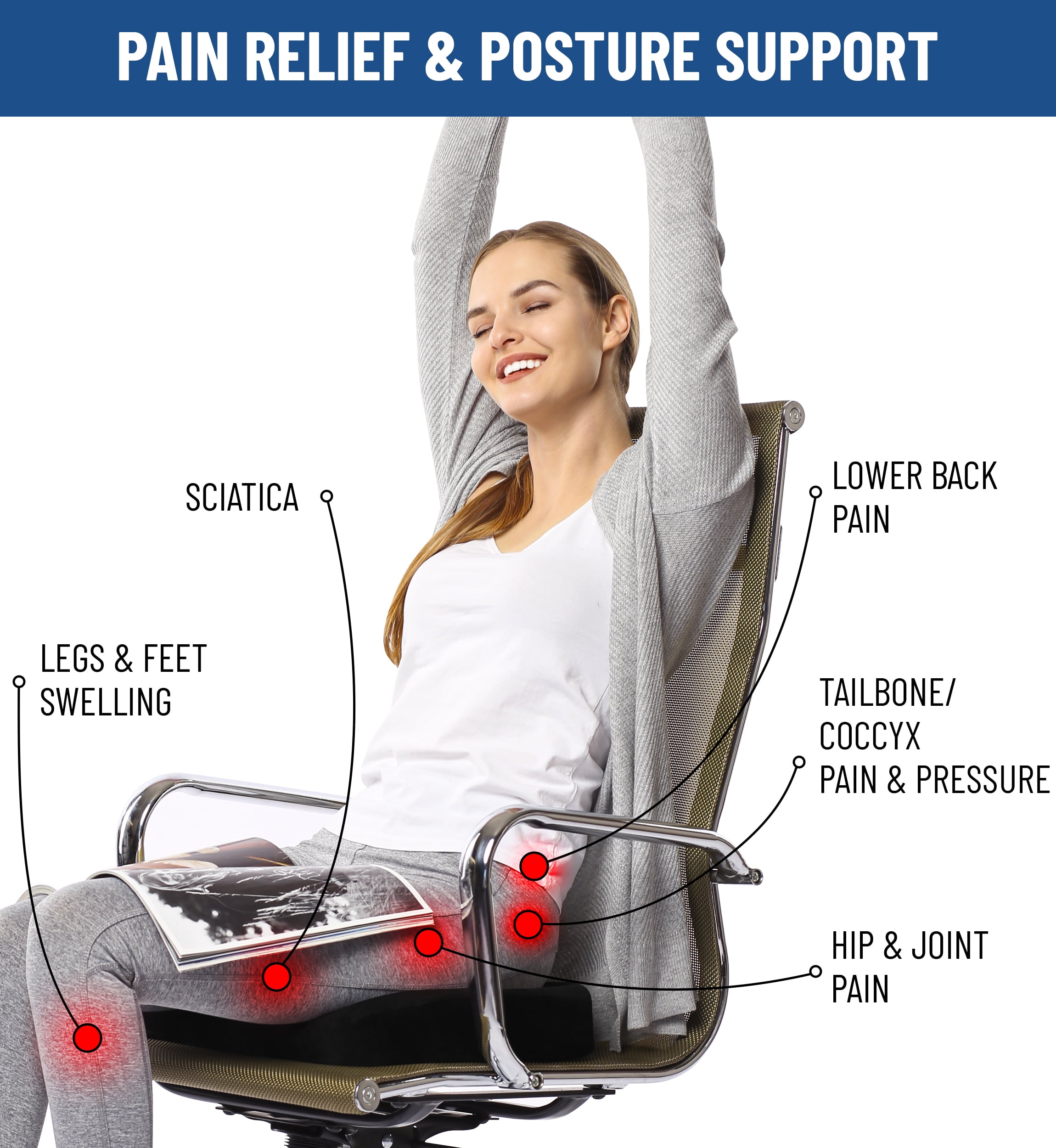 Everlasting Comfort Memory Foam Seat Cushion, Back & Hip Support, Long Sitting Comfort, Coccyx Cutout, Tailbone Pain
