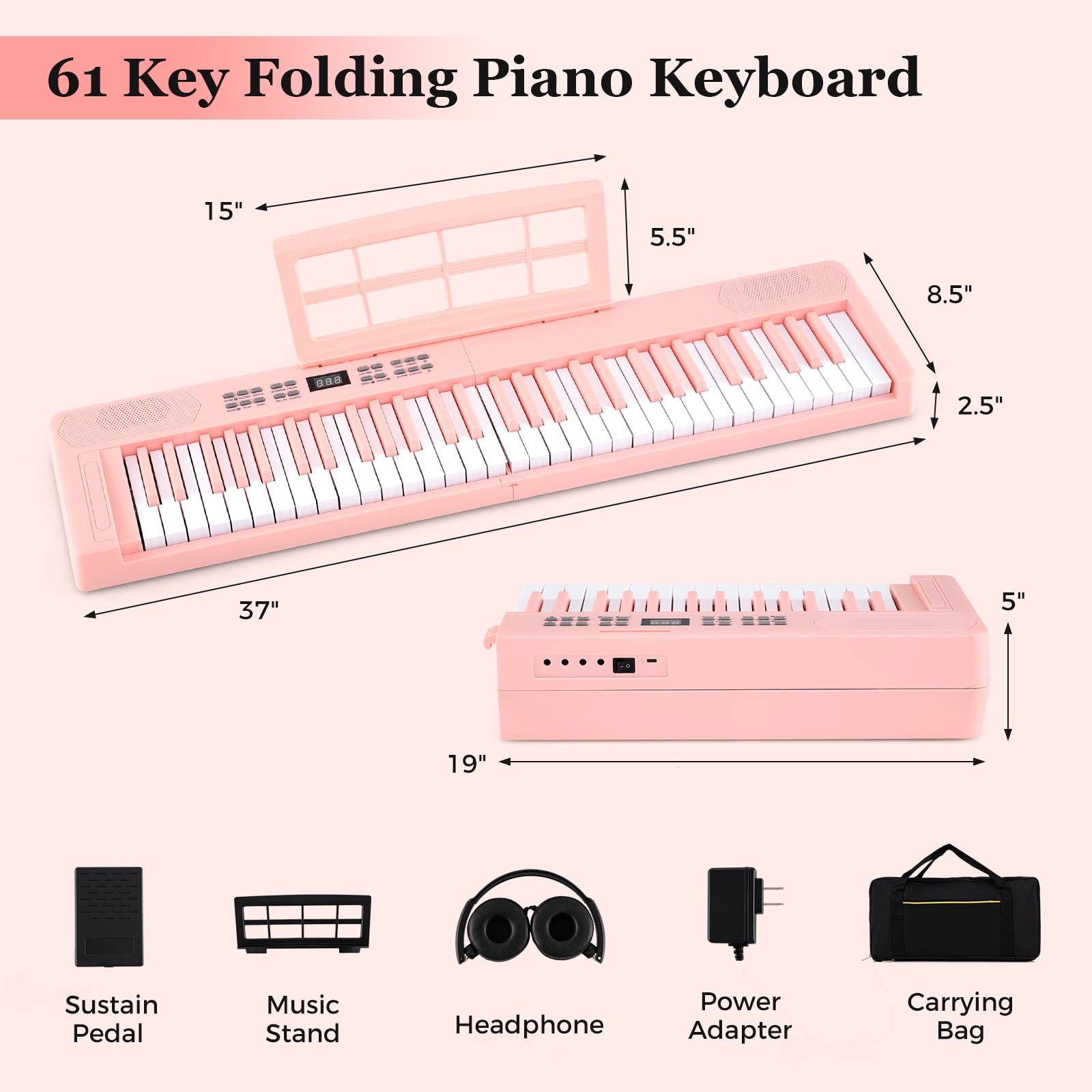 Gymax 61-Key Foldable Piano Keyboard w/MIDI Split Function Headphone Sustain Pedal Pink