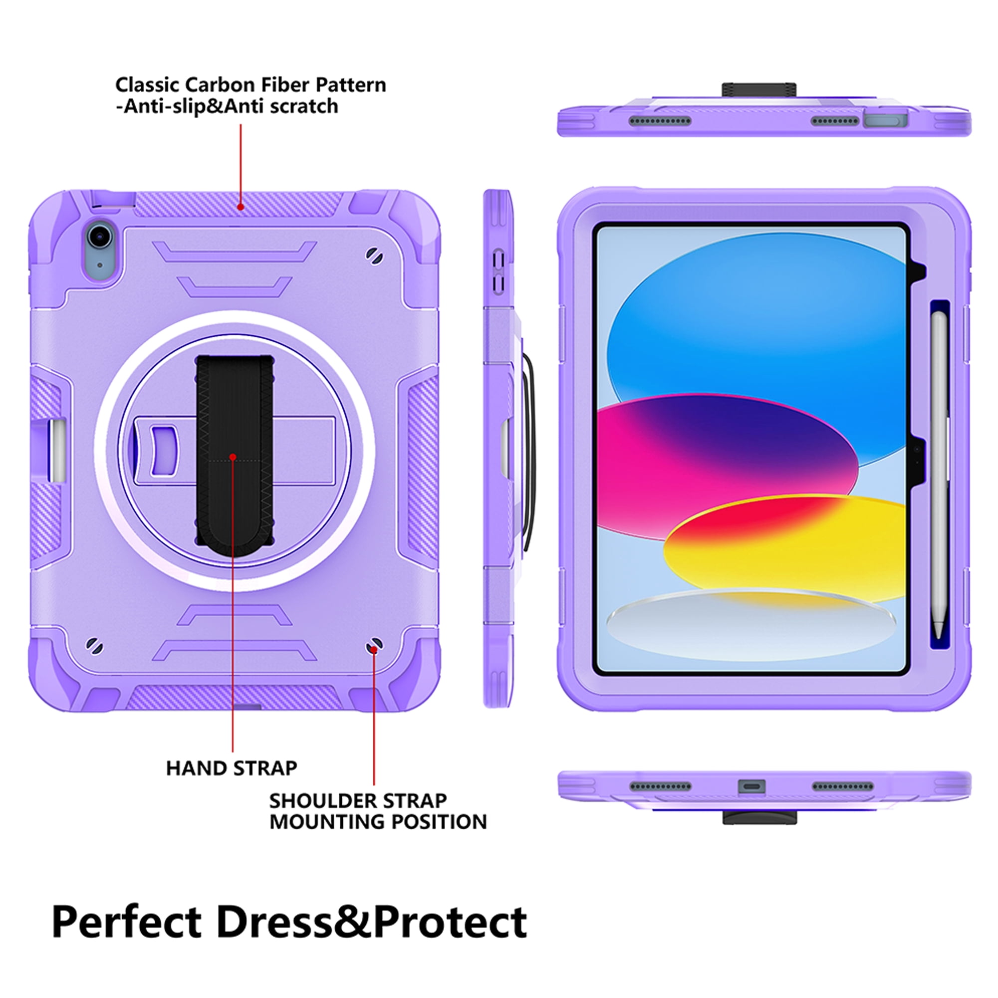 for iPad (A16) 11th Gen 2025, Rugged Shockproof Case for iPad 10th Gen 2022 with Pencil Holder, 360 Rotating Hand Strap & Stand, Shoulder Strap, TPU PC 3 Layers Multi-Functional Cover - Purple