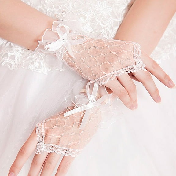 Yokua Wedding Prom Party White Lace Gloves Short Wrist Length Crystal Bowknot Mittens
