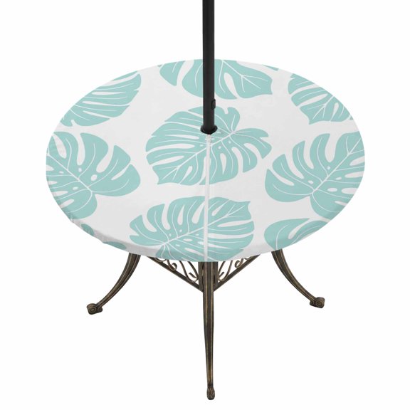 Round Outdoor Tablecloth with Umbrella Hole and Zipper, Aqua Monstera Leaf Tablecloth with Elastic Waterproof, Summer Tropical Plant Botanical Boho Patio Table Covers for 31" - 35" Pool Tables