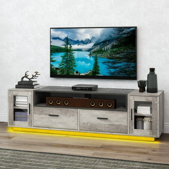 Uforic Modern TV Stand for 70 Inch with LED Light,  Entertainment Center with 3 Drawers and Doors, Gray