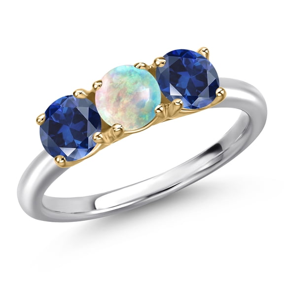 Gem Stone King 10K Two Tone Gold Simulated White Opal and Blue Created Sapphire Engagement Ring for Women | 1.70 Cttw | Round Cabochon 5MM | Gemstone October Birthstone | Size 7