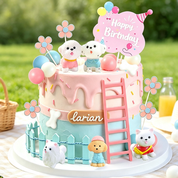 Pink Pet-Themed Cake Decorations - Cute Party Scene Set, Perfect for Birthday Celebrations, Anniversaries, and Themed Parties