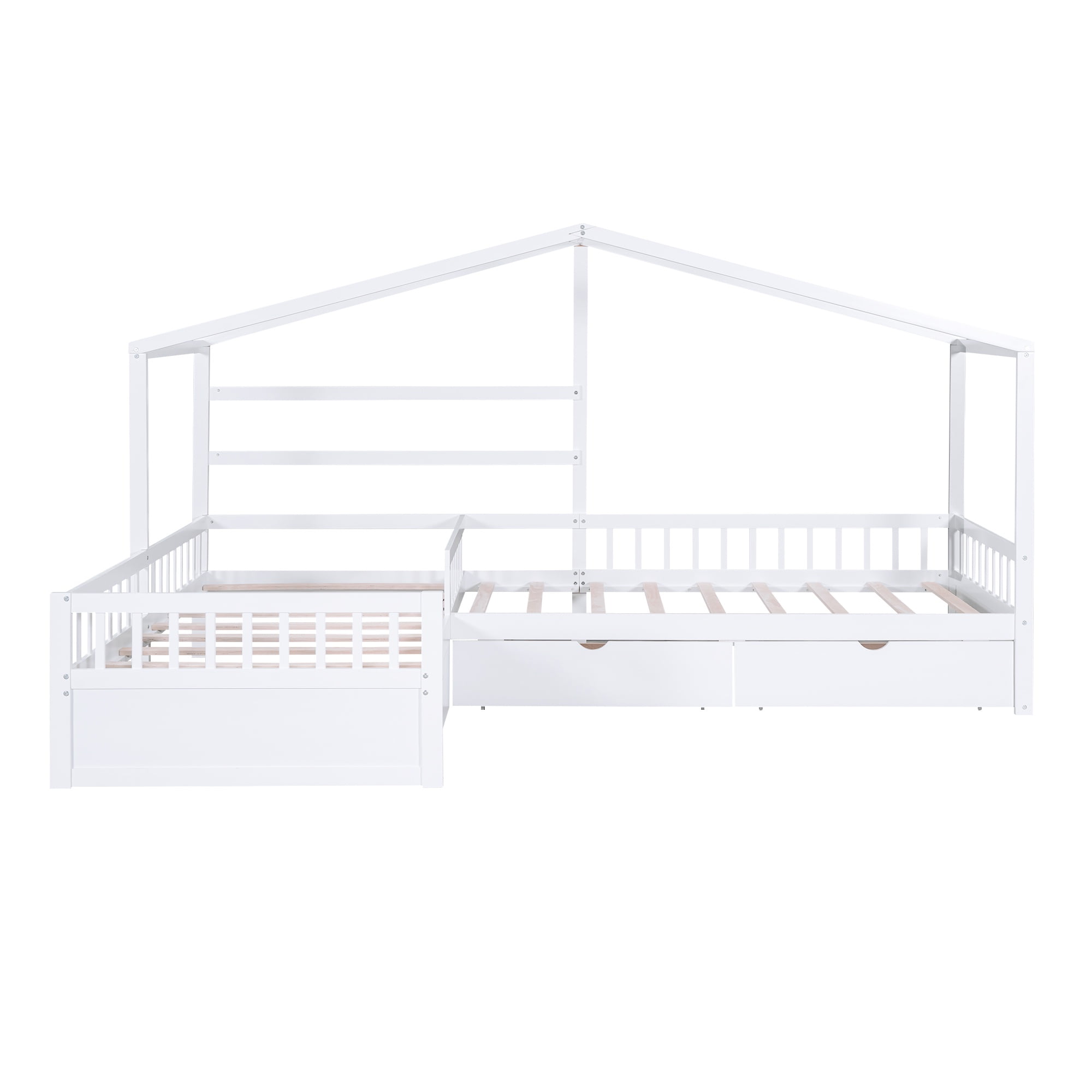 Bellemave House Bed Double Twin Beds, Wood L-Shape Twin Bed with 3 Storage Drawers, Montessori Bed with Roof and Fencefor Toddler Kids Girls Boys (White)