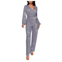 ABATAB Jumpsuits for Women Sparkly Dressy Long Sleeve Sequin Rompers V Neck Wide Leg Belted Party Clubwear Outfits