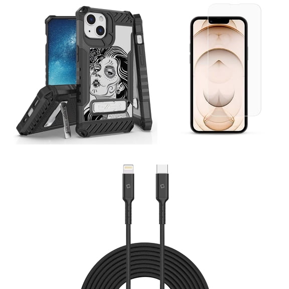 Bemz iPhone 13 Mini Bundle: Tri Shield Military Grade Armor Rugged Case (Tattoo Girl), Premium Glass Screen Protectors (2-Pack), USB-C to Lightning Cable (3.3ft/1m)