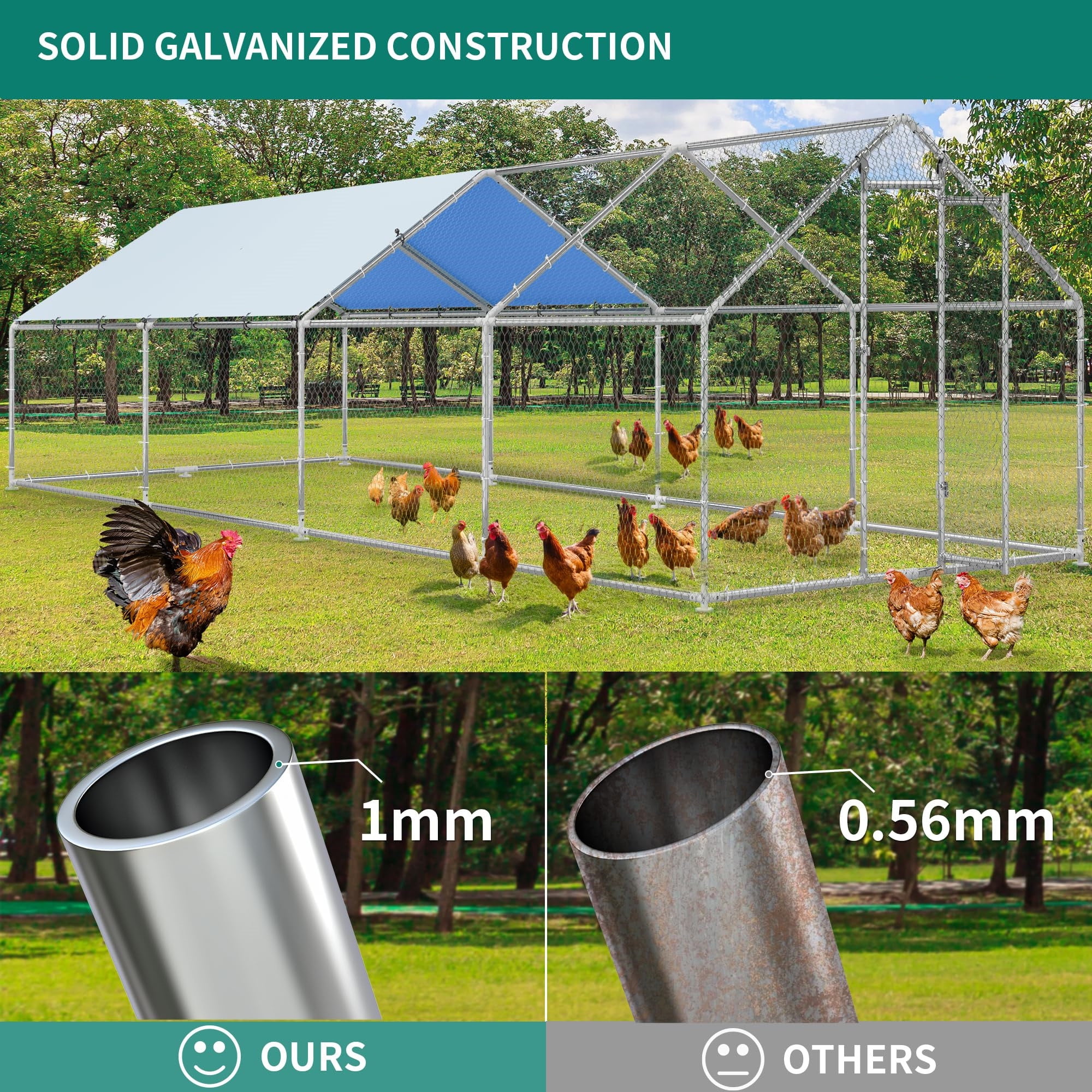 Aukfa Chicken Coop, 26 FT Large Metal Walk-in Chicken Run with Cover for Outdoor, Backyard, Farm