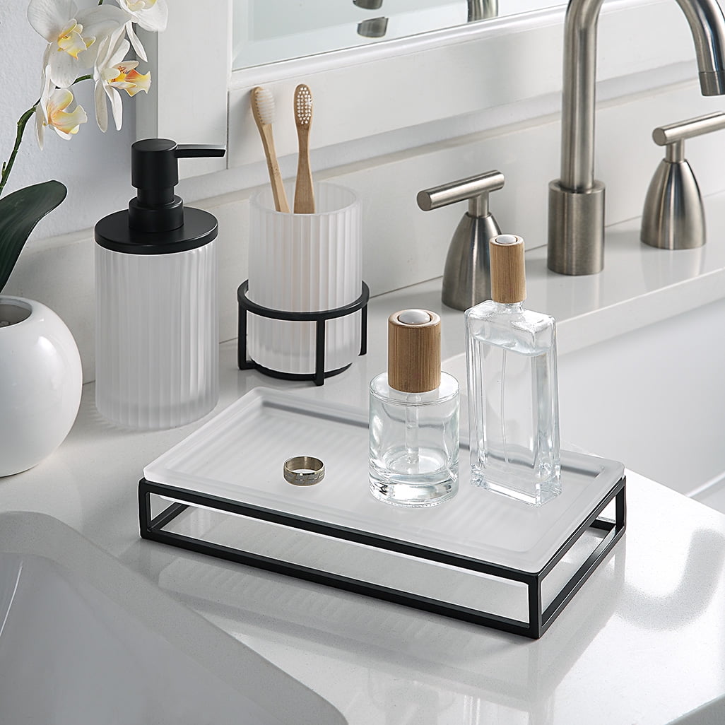 Better Homes & Gardens Ribbed Glass and Metal Tray, White with Black Accents