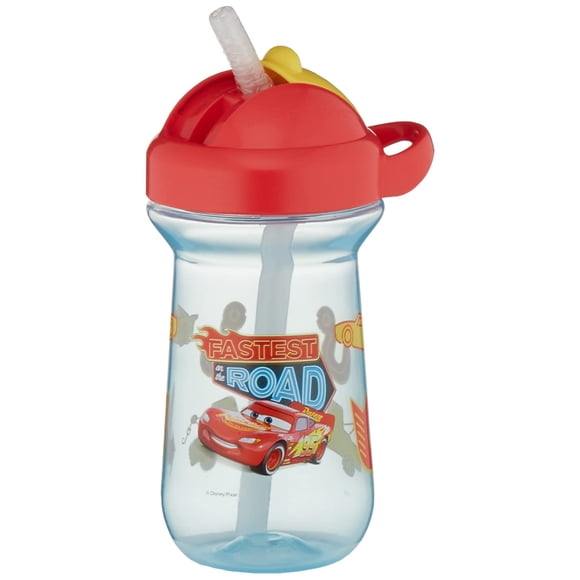 The First Years Disney/Pixar Cars Vaso con pajita para niños pequeños, vasos con tapa abatible a prueba de derrames para niños pequeños, 18 meses en adelante, 10 onzas