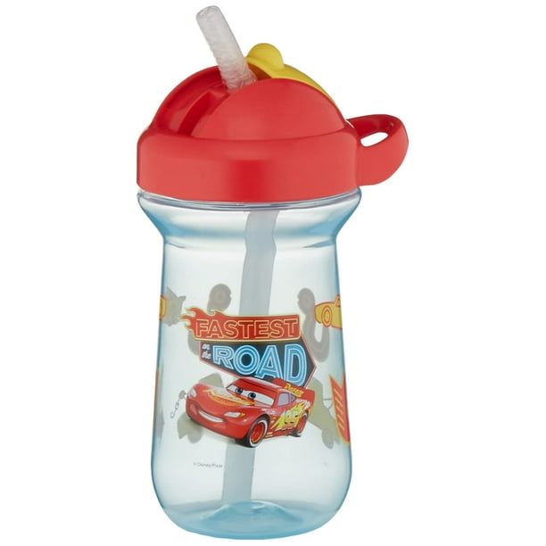 The First Years Disney/Pixar Cars Vaso con pajita para niños pequeños, vasos con tapa abatible a prueba de derrames para niños pequeños, 18 meses en adelante, 10 onzas