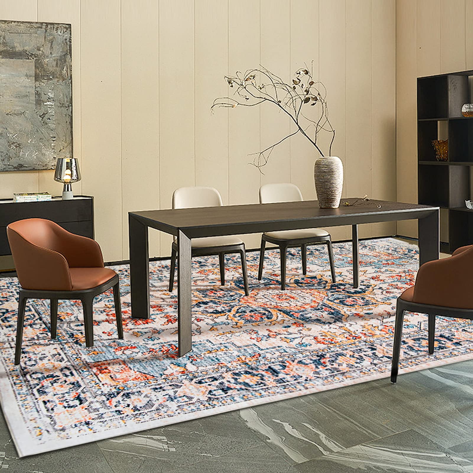 Gyugmhao 6'x9' Boho Area Rug, Machine Washable Low Pile Carpet, Foldable Non Slip Indoor Rug for Living Room, Office and Home Decor