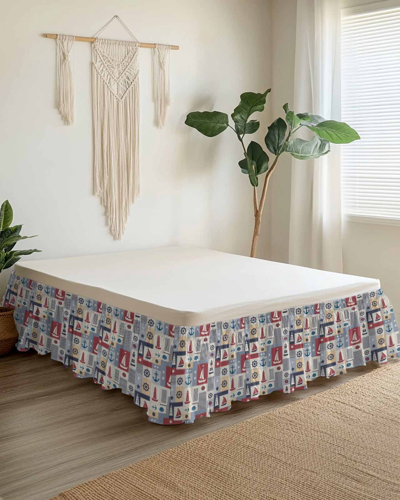 Nautical Ship Checked Wrap Around Bed Skirts for Queen Bed 16" Drop,Bed Skirt with Adjustable Elastic Belt Dust Ruffle Bed Valance for Bedroom Hotel Blue Coastal Sailboat Anchor Bed Frame Cover