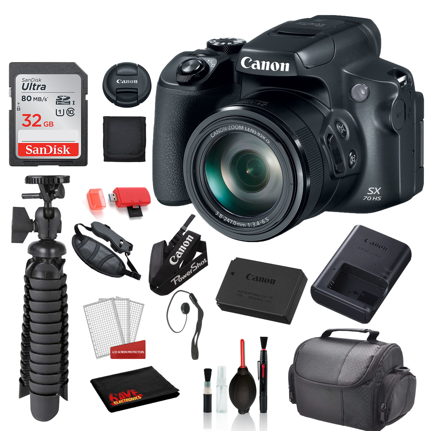 Canon SX70 HS Digital Camera (3071C001) with Bundle package deal 'SanDisk 32gb SD card + Deluxe Cleaning Kit + 12' Tripod + MORE - Walmart.com