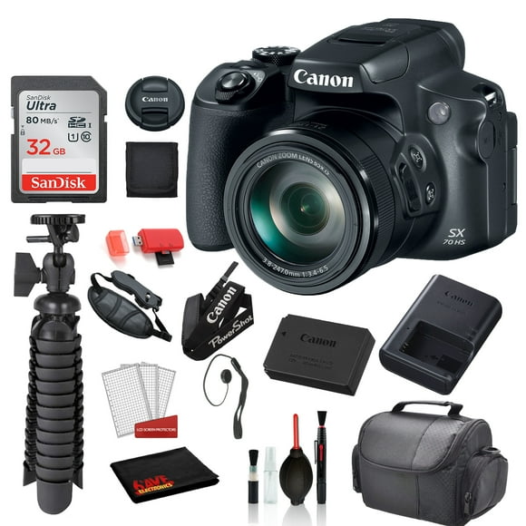 Canon PowerShot SX70 HS Digital Camera (3071C001) with Accessory Bundle package deal 'SanDisk 32gb SD card + Deluxe Cleaning Kit + 12' Tripod + MORE
