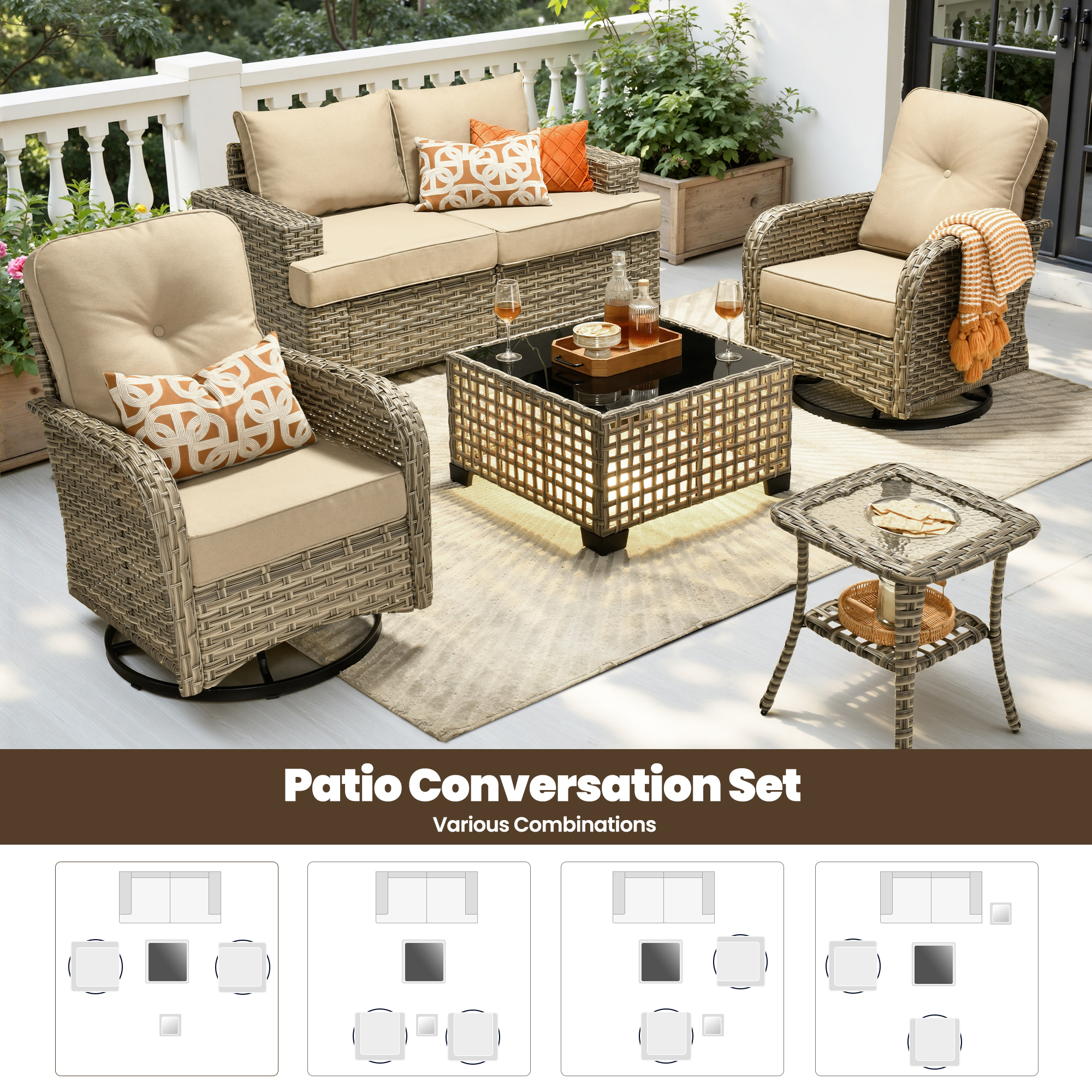 Toject 6 Pieces Patio Furniture Set, All Weather Wicker Patio Conversation Set with Swivel Chairs, Outdoor Furniture for Garden, Beige