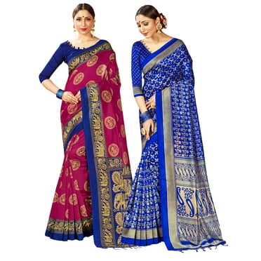 Pack of Two Sarees for Women Mysore Art Silk Printed Indian Wedding Sari || Diwali Gift Saree Combo