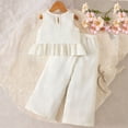 thumbnail image 4 of ITSAME Girls Outfit 2-Piece, Floral Embroidery Ruffle Tank Top and Loose Pants Summer Fashion Casual Set White Size 3-4T, 4 of 9