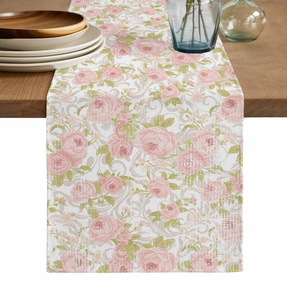 Pink Flowers Table Runner, Country Botanical Floral Leaves Romantic Washable Cotton Linen Table Runners 90 Inches Long, Dresser Scarf Runner for Dining/Coffee/Kitchen/Hallway Tables 13''x90''