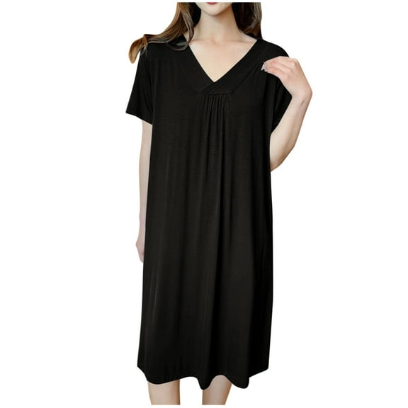 HomeGardon,Nightgowns for Women Sleepwear,Fashion Women Summer Solid Color V-Neck Short Sleeved Pleated Front Dress Nightgown,L-XL