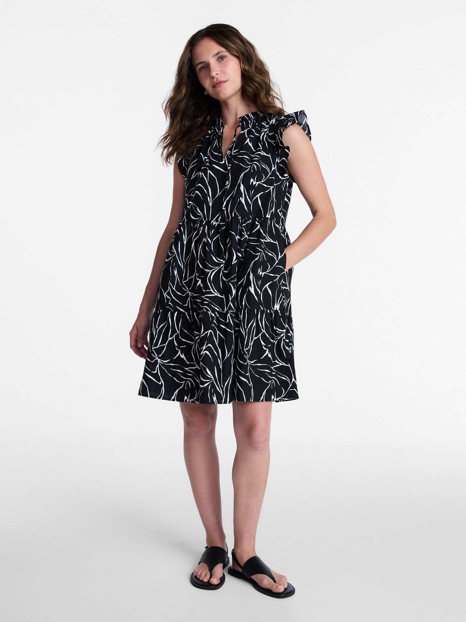 Time and Tru Women's and Women's Plus Tiered Cotton Mini Dress with Flutter Sleeves, Sizes XS-4X