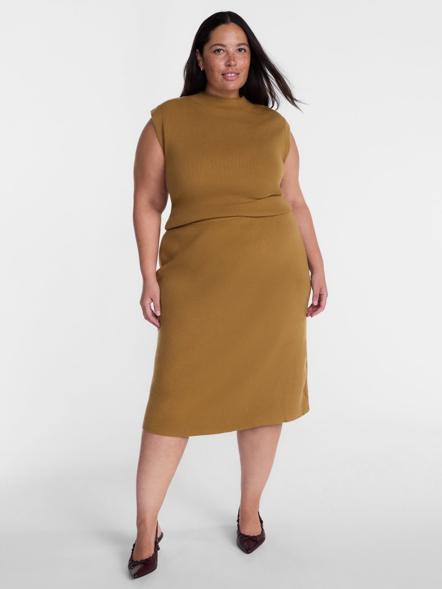 Terra & Sky Women’s Plus Mock Neck Pullover Top and Midi Skirt Set, 2 Piece, Sizes 0X-5X