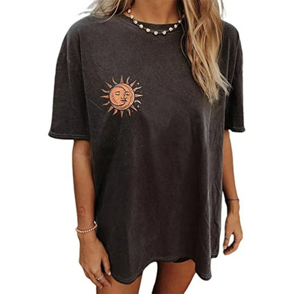 Women Sun and Moon Tie Dye T-Shirt Round Neck Short Sleeve Top Casual Funny Cute Teen Girl Tee,Color #5,L
