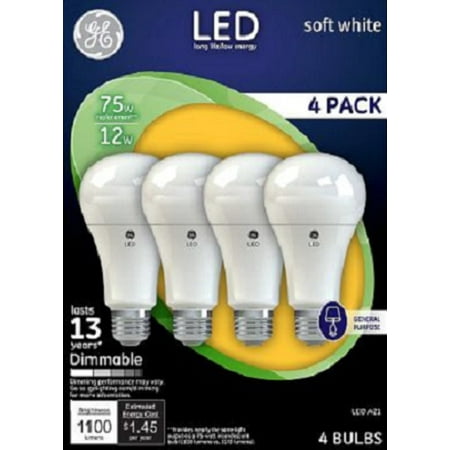 GE LED 12W Soft White, General Purpose A21 Medium Base, Dimmable, 4pk Light Bulbs