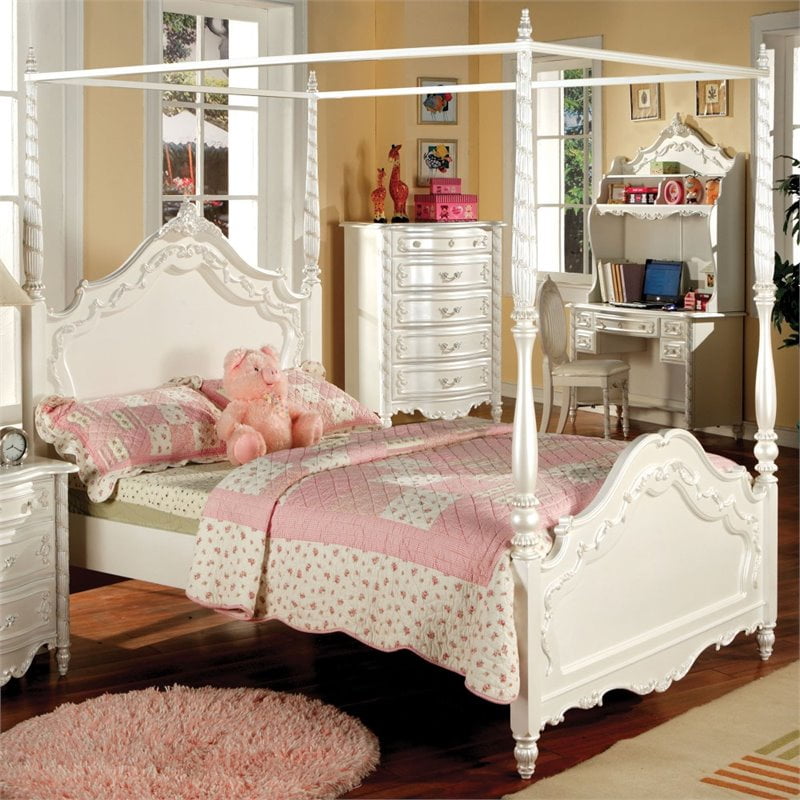Furniture of America Minerva Wood Twin Canopy Bed in Pearl OffWhite