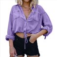 thumbnail image 1 of Camisa Vaquera Corta para Mujer, con Mangas 3/4 Enrolladas, Informal, Holgada, con Cordón Ajustable en el Dobladillo y Botones en la Parte Delantera. Púrpura S, 1 of 9