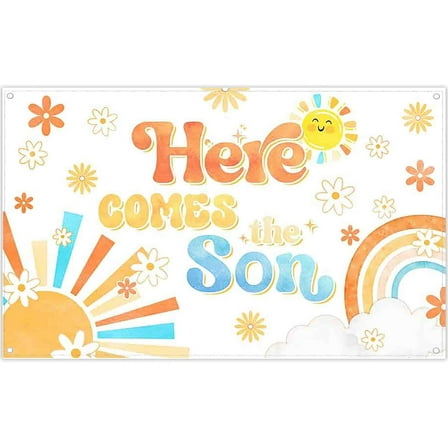 5.9x3.6Ft Here Comes The Son Backdrop Sunshine Boho Retro Sunrise Photography Background Gender Reveal Baby Shower Party Decorations Banner Photo Booth Props