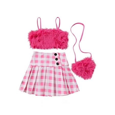 

3Pcs Kids Girl Summer Outfit Little Girls Sleeveless Faux Fur Crop Camisole and Plaid Pleated Skirt Sets with Bag