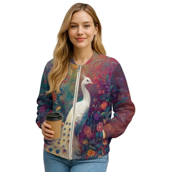 DISNIMO Peacock Floral Printed Jackets for Women Casual Sweatshirts Long Sleeve Coat Fall Winter Clothes, S