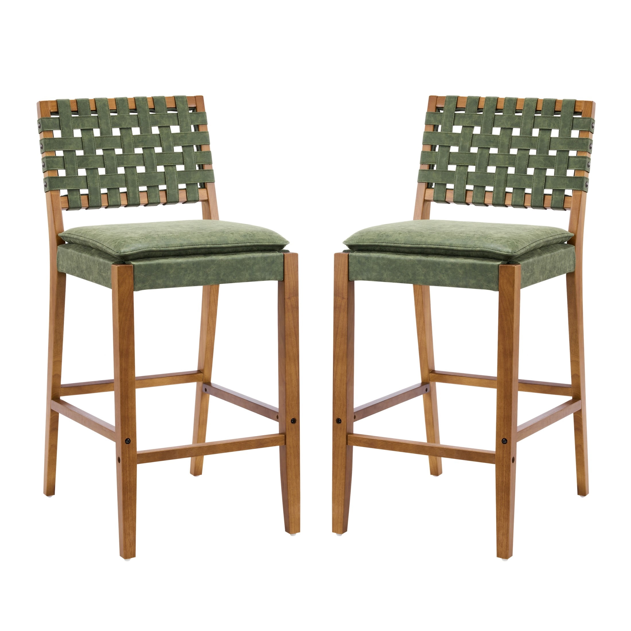 Christopher Knight Home Rustic PU Upholstered Barstools, Rivet Accents, Solid Wood Frame, Green, Set of 2