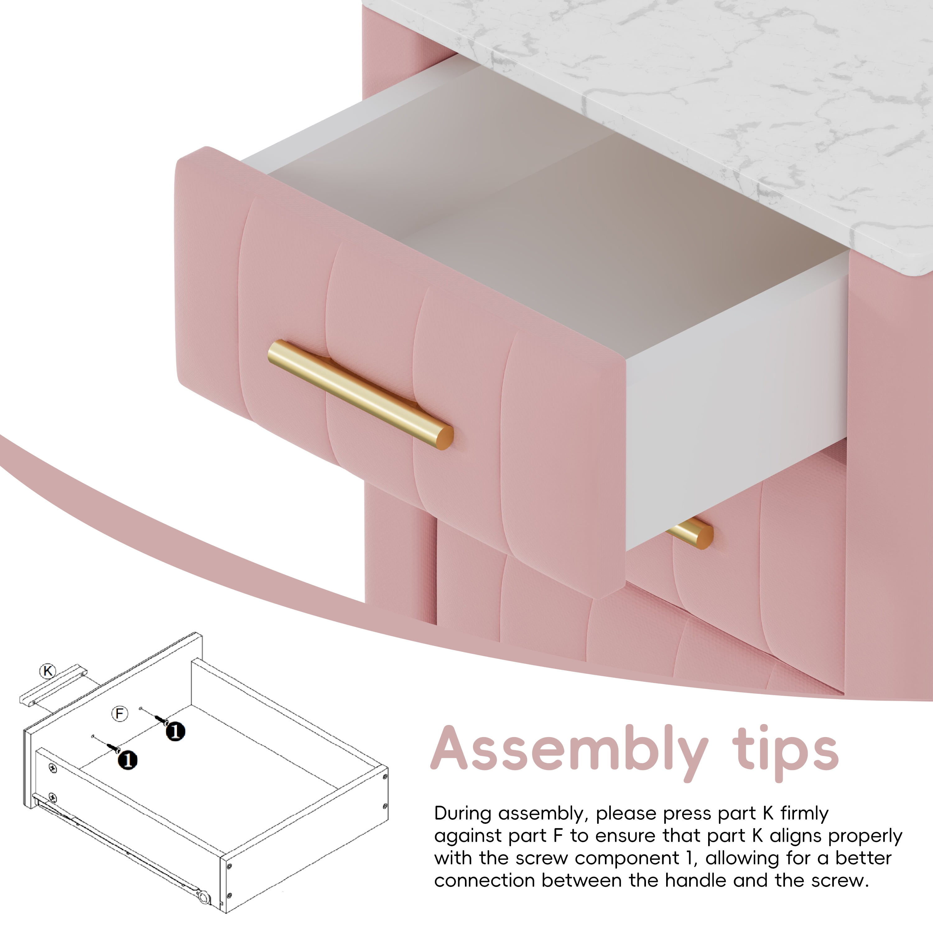Aukfa Upholstered 3-Drawer Nightstand with Marble Top, Velvet Bedside Table for Bedroom/Living Room,Pink