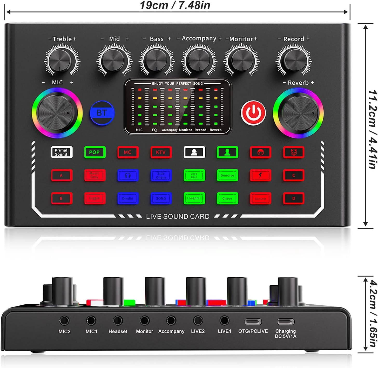 Live Sound Card, Wireless Bluetooth Audio Mixer, Podcast Audio Mixer with RGB Colorful Buttons, All-in-One Podcast DJ Device Live Broadcast Sound Card for PC Phone Karaoke Singing Gaming (Black)