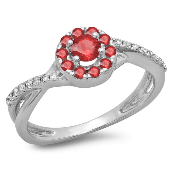 0.50 Carat (ctw) 14K White Gold Round Cut Ruby & White Diamond Ladies Swirl Split Shank Bridal Halo Engagement Ring 1/2