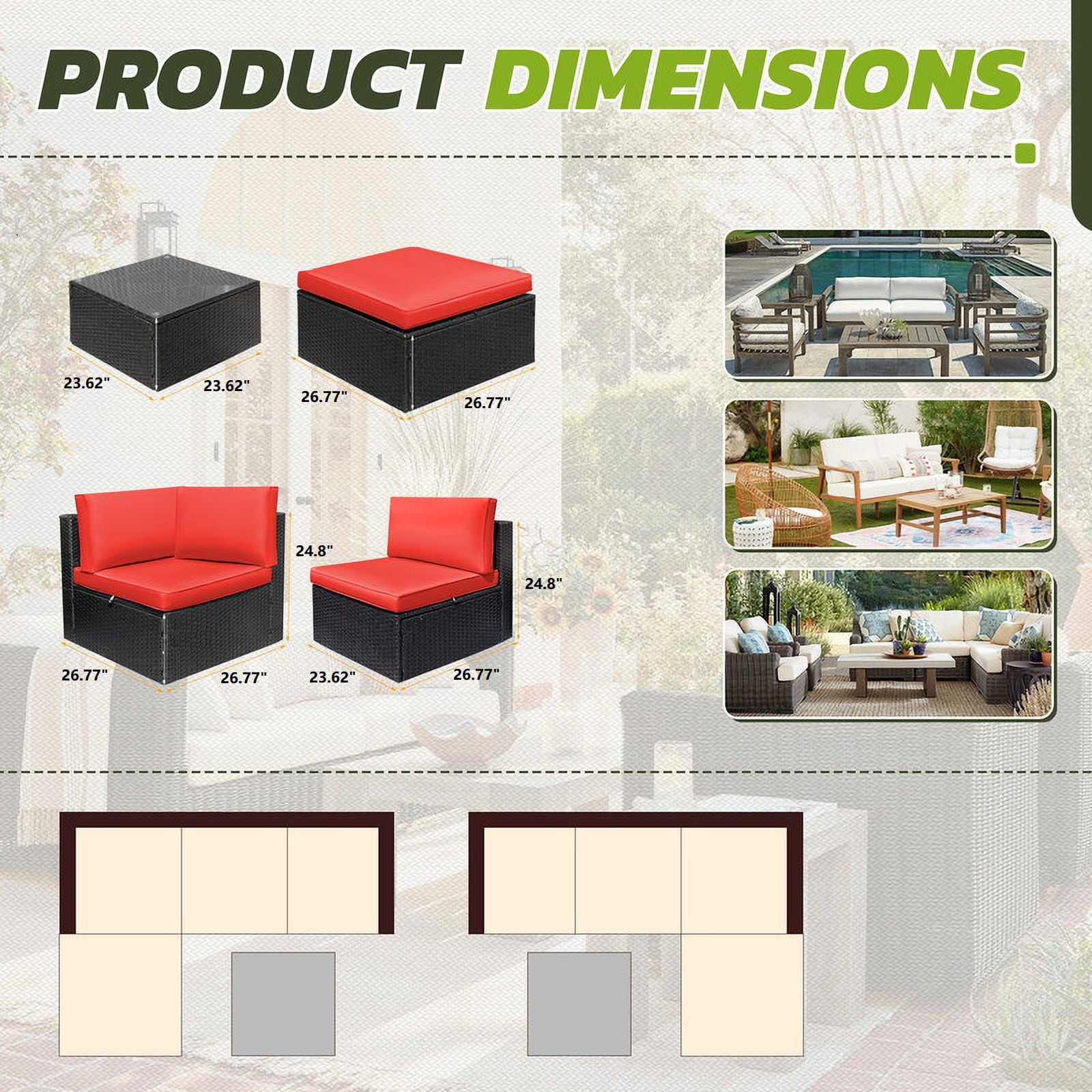 Homall 5 Pieces Outdoor Sectional Sofa with Tea Table, Red