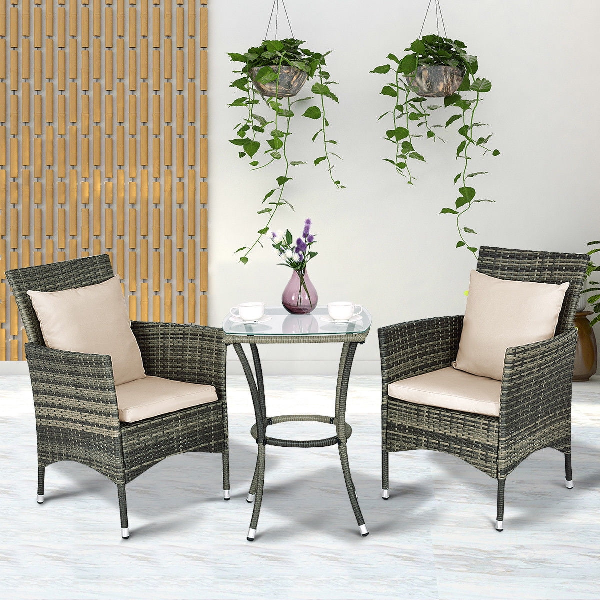 3pcs Rattan Table Chairs Set Garden W Cushions Patio Furniture 3pcs Rattan Table Chairs Set Garden W