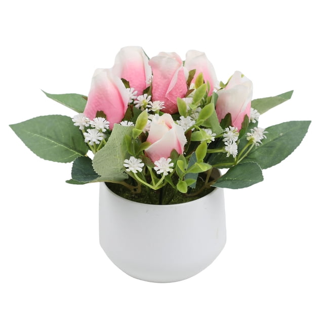 Arreglo floral artificial de rosas en maceta, follaje sintético realista en maceta blanca, decoración de mesa de interior sin mantenimiento para escritorio, mesita de noche o sala de estar.
