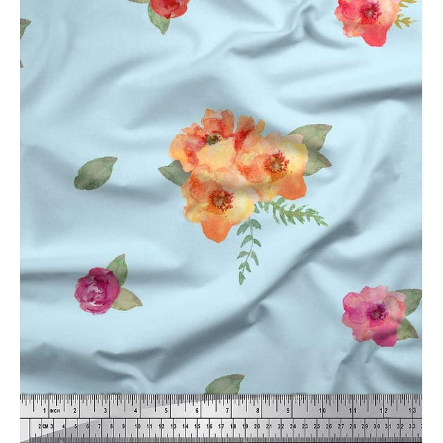 Soimoi polyester Crepe Fabric Flower & Leaves Watercolor Decor Fabric Printed Yard 52 Inch Wide
