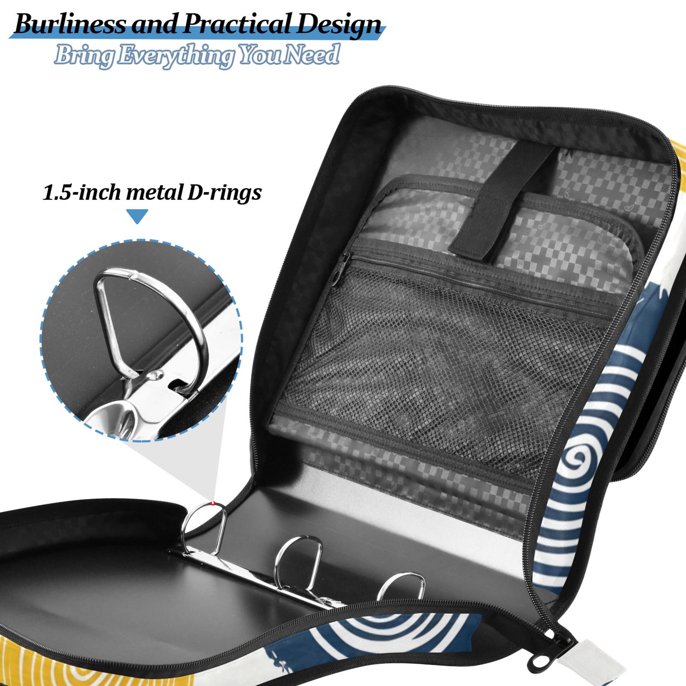 3 Ring Zipper Binder with Shoulder Strap Waterproof Trapper Keeper 2 Inch D-Ring 500 Sheets Capacity Abstract Circle and Dots