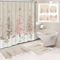 Uxgjfwu Christmas Bathroom Set 4 Pcs Shower Curtain with Santa Pattern Non Woven Bath Mat Toilet Cover and U Shape Lid Decoration for Holiday Decor