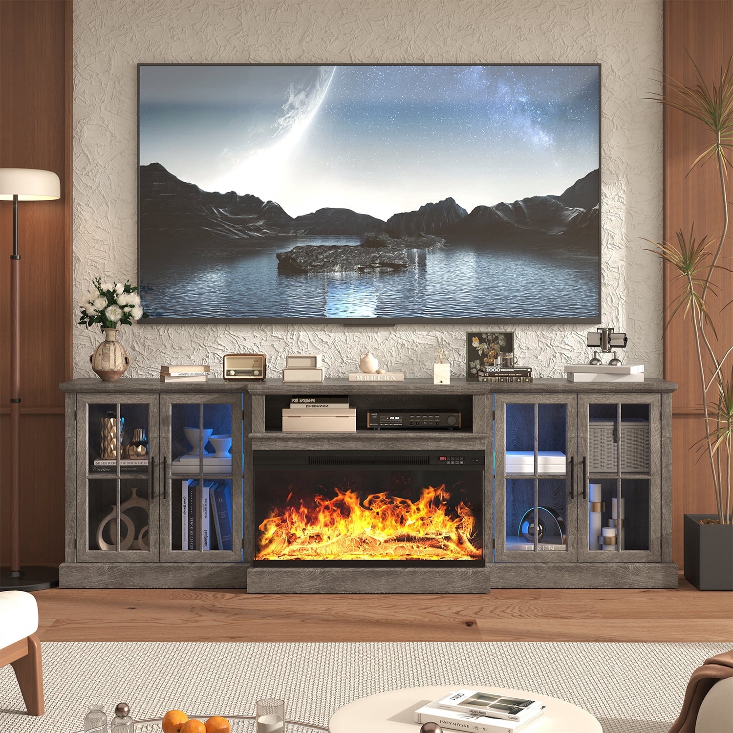 Sonegra 98" Farmhouse TV Stand with Fireplace for TVs up to 100", Media Entertainment Center with Adjustable Shelves and Large Storage Cabinets, for Living Room, Gray